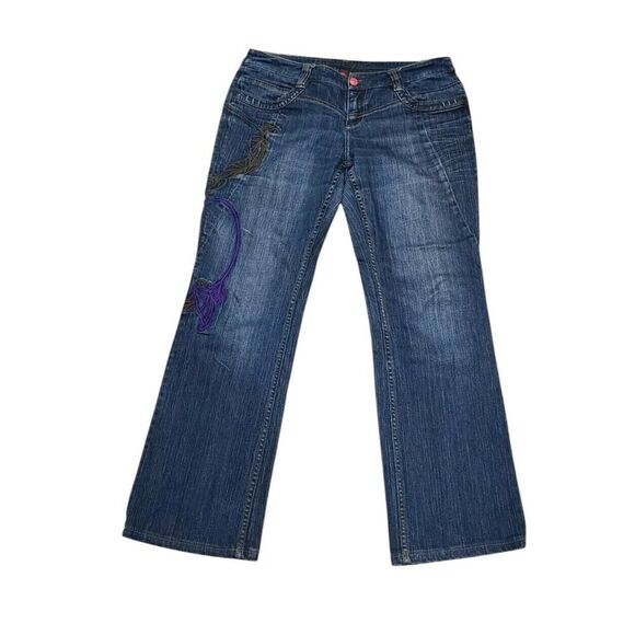 Oilily Y2K Low Rise Embroidered Art Deco Floral Blue Jeans 40 US 8-10 Bratz EUC - Picture 1 of 15